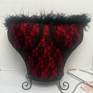 VTG Corset Bustier Red Lace Floral Print Table Lamp with Feathery Fringe